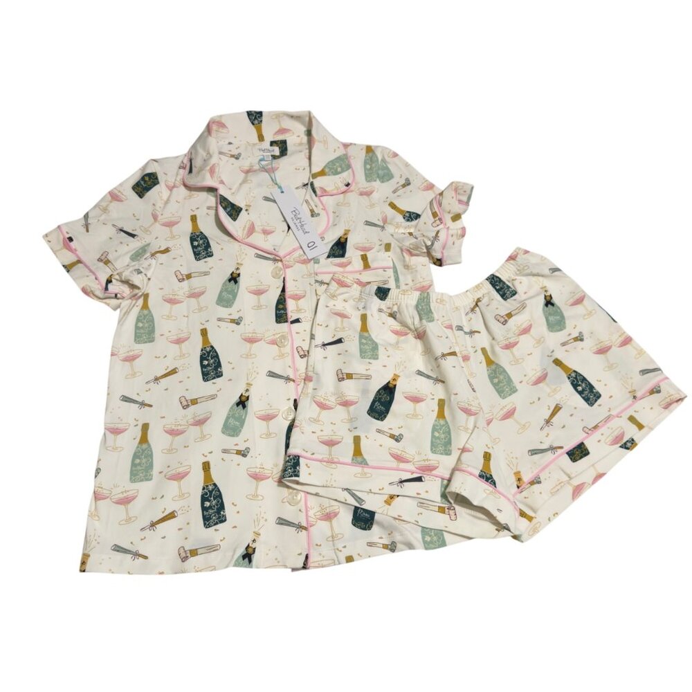 BedHead pajama set Champagne Bottle &‎ Glass Print Button-Up size XS women nwt